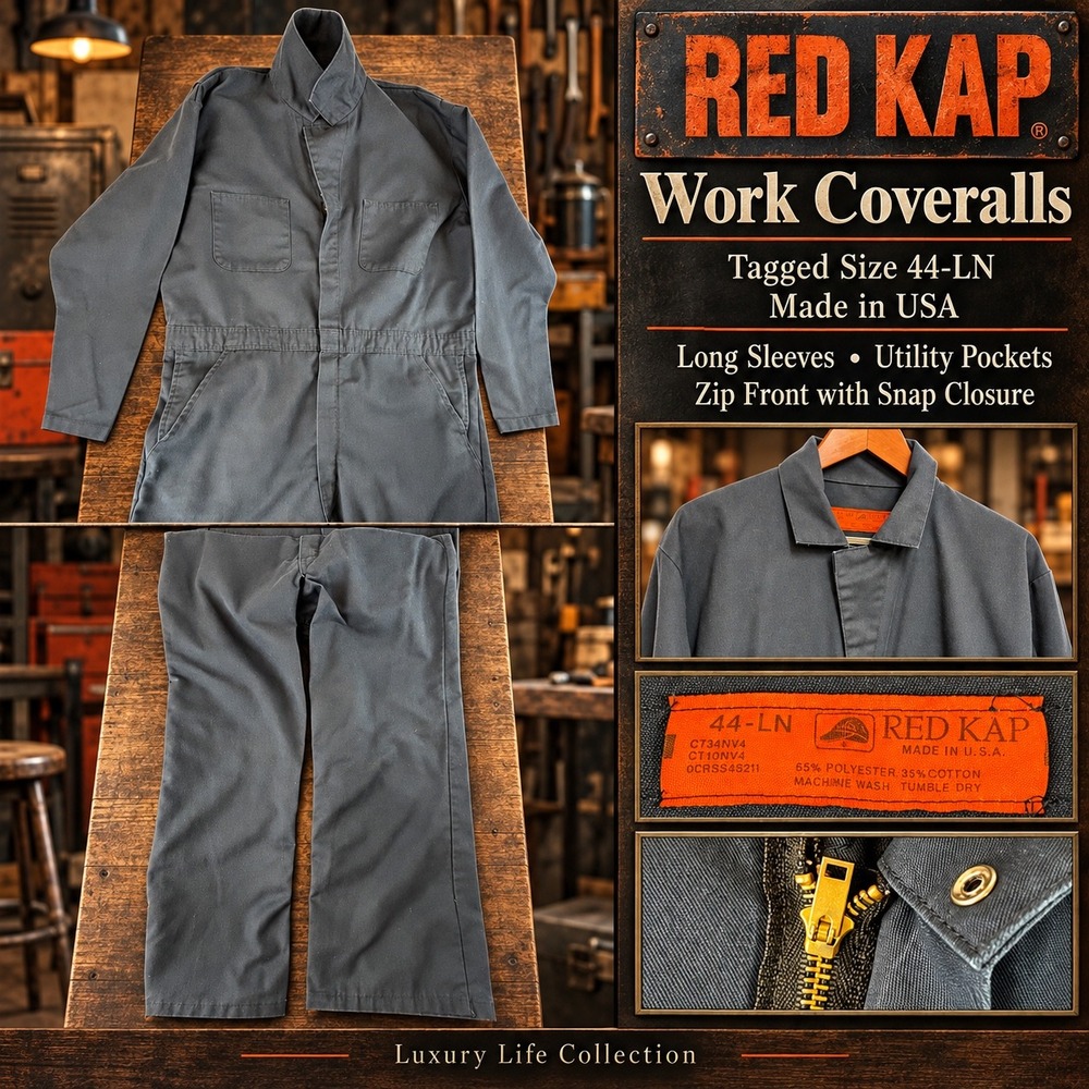 Red Kap Mens 44 LN Coveralls Navy Blue Long Sleeve Workwear Made in USA Mechanic